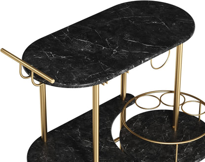 Black Bar Carts with 4-Tier Storage Shelves, Mobile Bar Serving Cart with Wine Rack and Glass