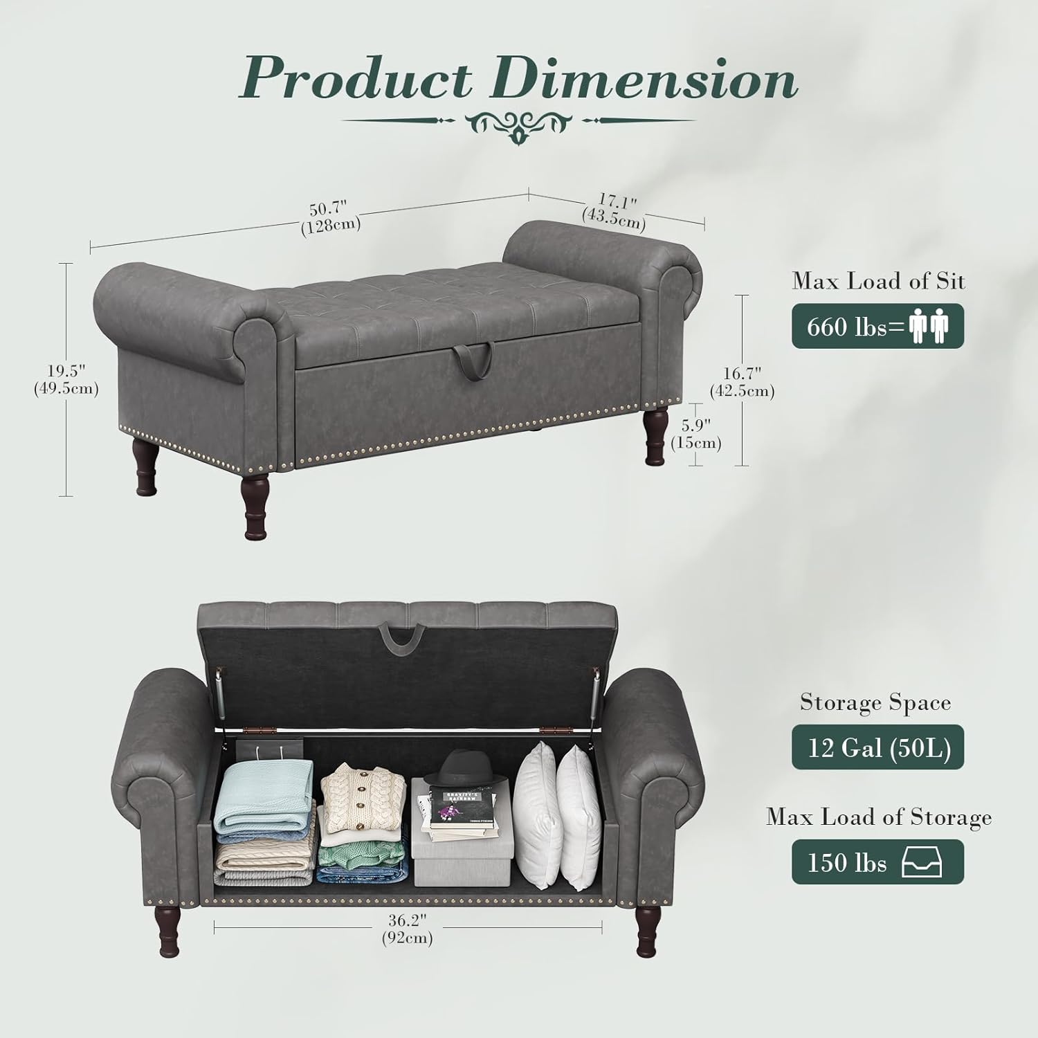 Apicizon 51”Bench with Storage, Upholstered Tufted Button Window Bench with Plenty Hidden Storage