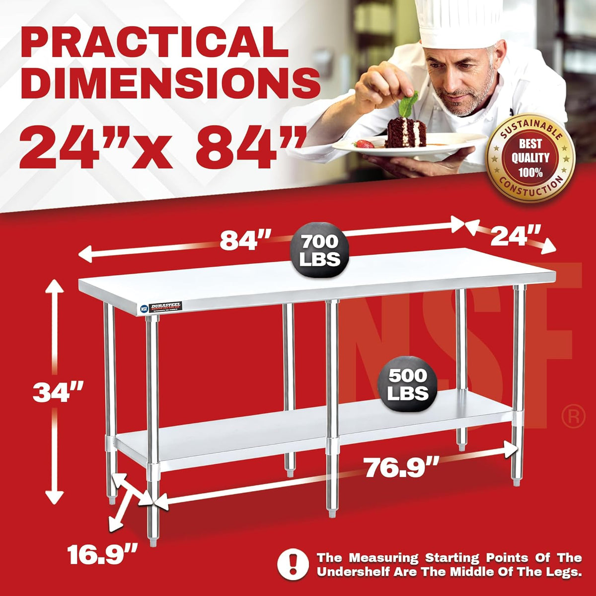 DuraSteel 24x84 Stainless Steel Work Table - NSF Commercial Prep Metal Table - Outdoor Pizza Oven