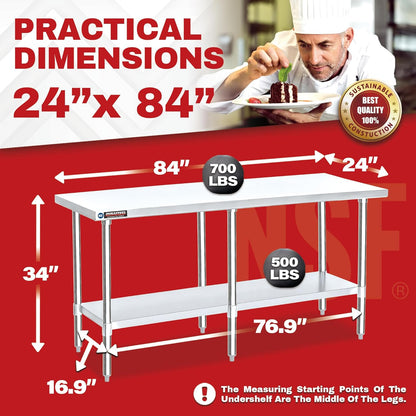DuraSteel 24x84 Stainless Steel Work Table - NSF Commercial Prep Metal Table - Outdoor Pizza Oven