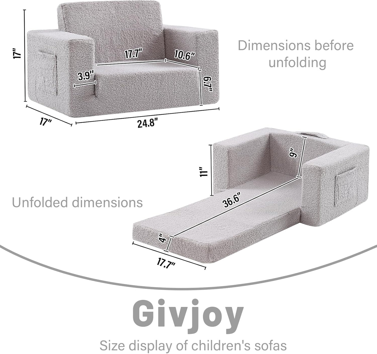 Toddler Chair Sherpa Kids Couch, 2-in-1 Toddler Soft Kids Sofa Toddler Lounger Chair for Bedroom