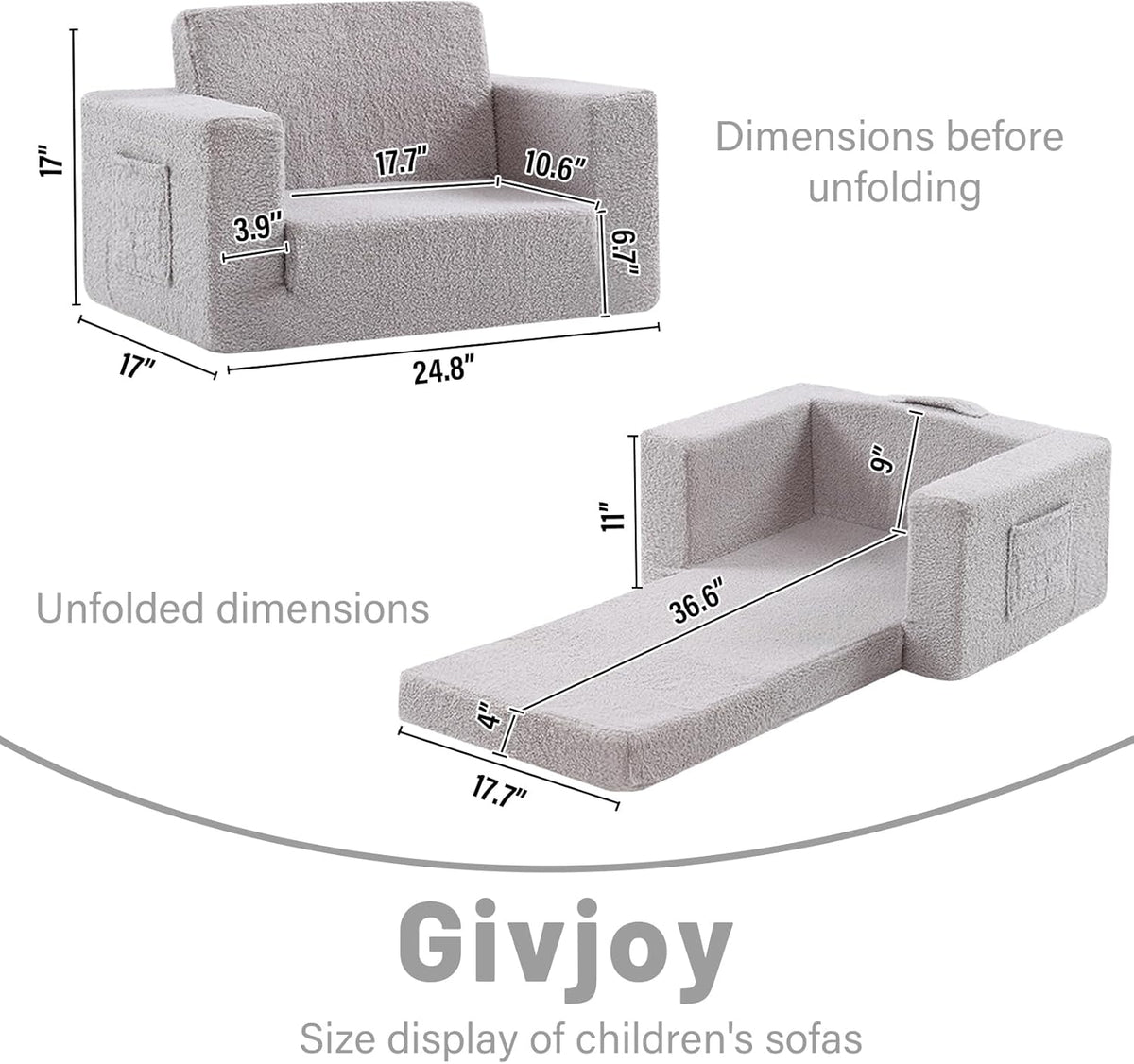 Toddler Chair Sherpa Kids Couch, 2-in-1 Toddler Soft Kids Sofa Toddler Lounger Chair for Bedroom