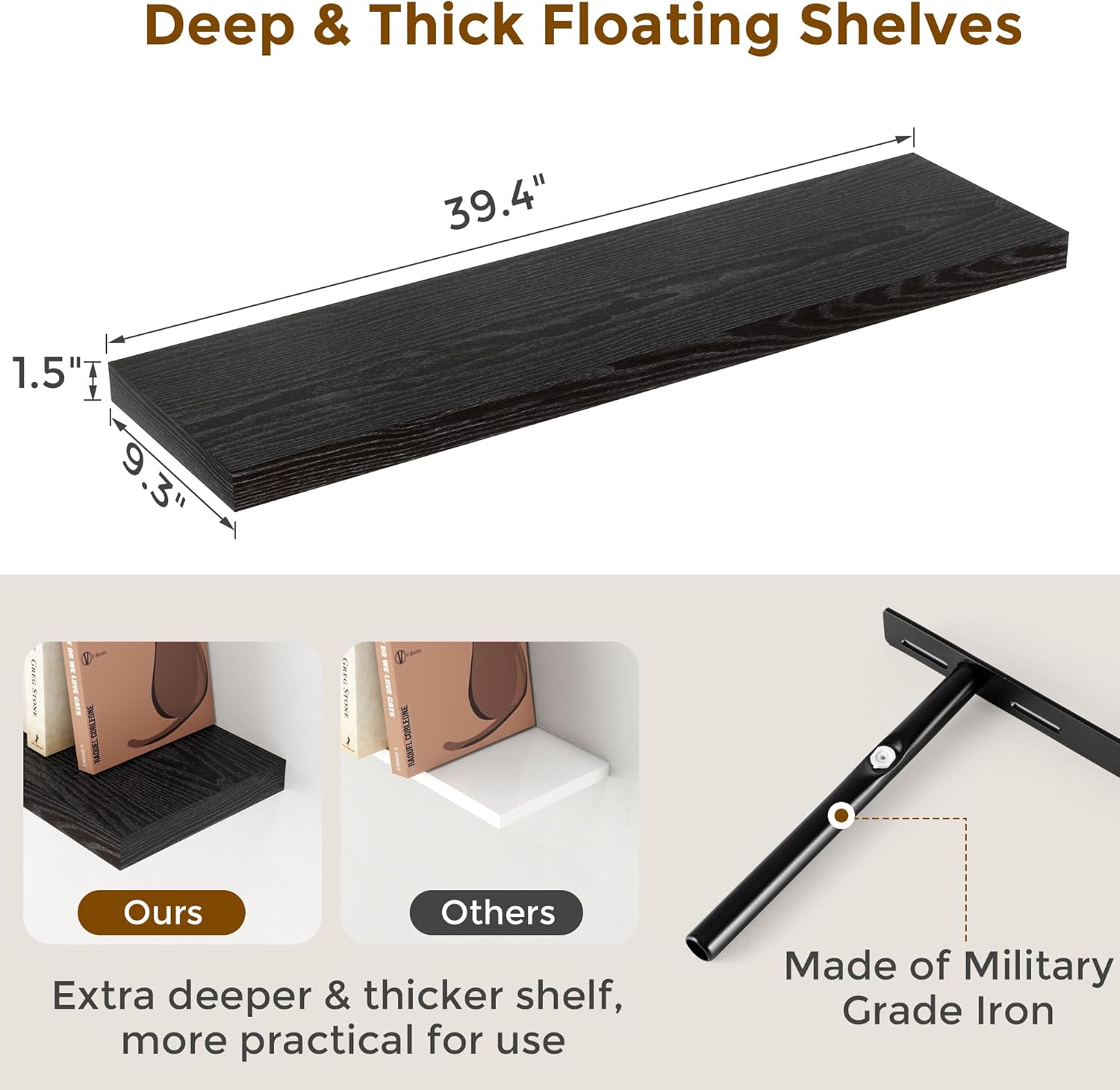 40 Inch Floating Shelves Black, 40" W x 9" D Floating Shelf Set of 2, Farmhouse Wood Wall Shelves