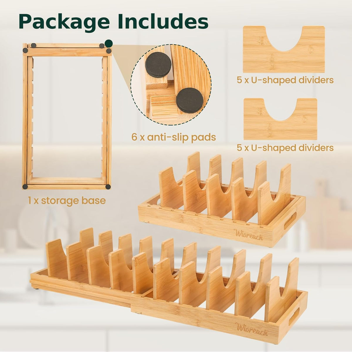 Bamboo Pot Lid Organizer, Adjustable Kitchen Organizer for Cabinet, Expandable Pot and Pan Storage