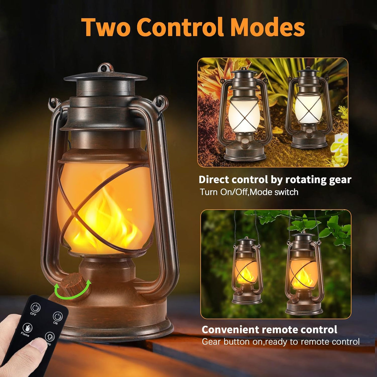 Battery-Powered 2 Modes Lighting LED Vintage Lanterns Decorative Outdoor & Indoor, 2 Pack Bronze
