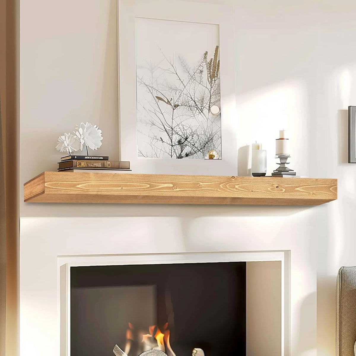 48x8x3 Fireplace Mantel - Handcrafted Hollow Rustic Solid Wood Wall Mounted Floating Shelf with