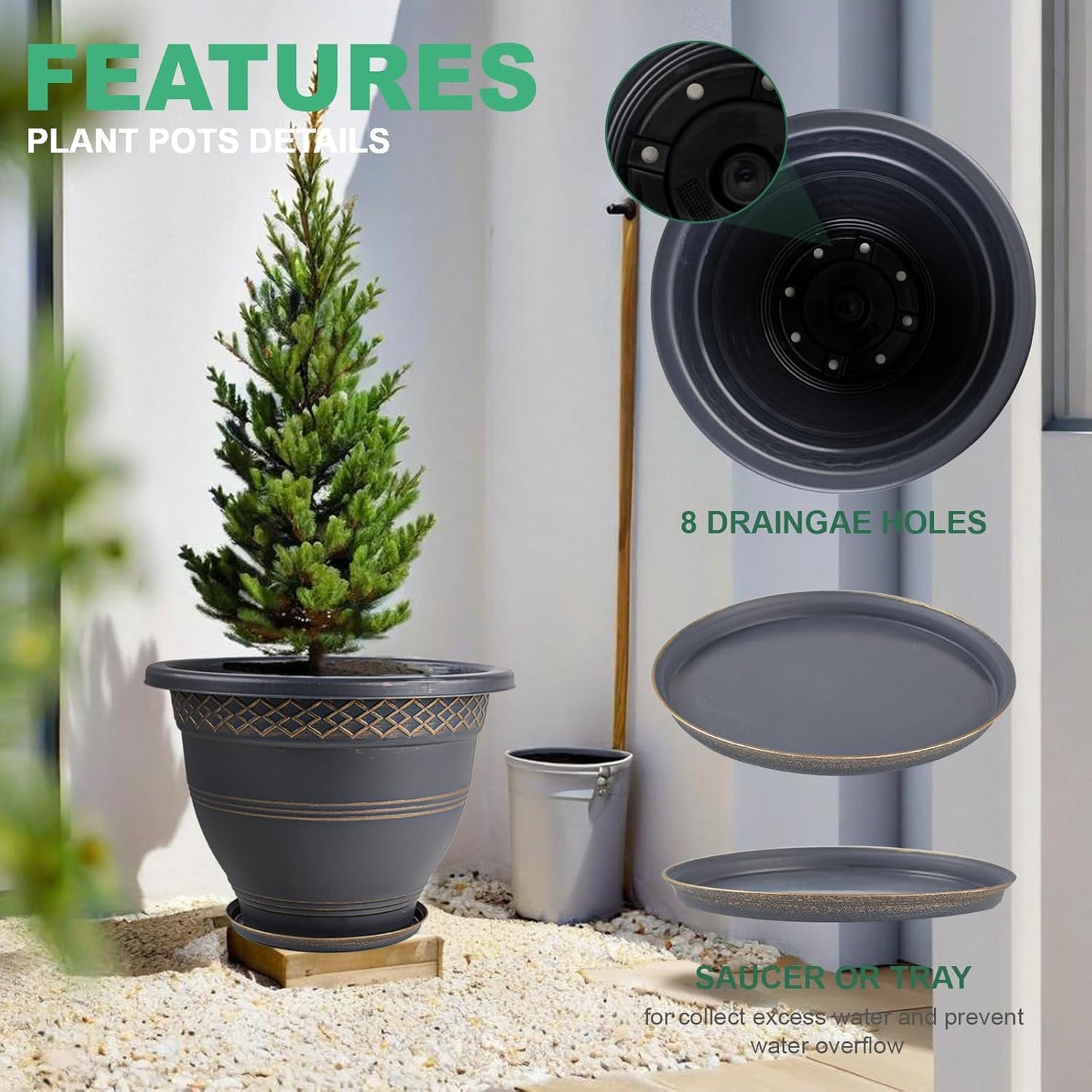 4 Pack 16 Inch Large Plant Pots, Plastic Flower Pot for Indoor & Outdoor with Drainage Holes &