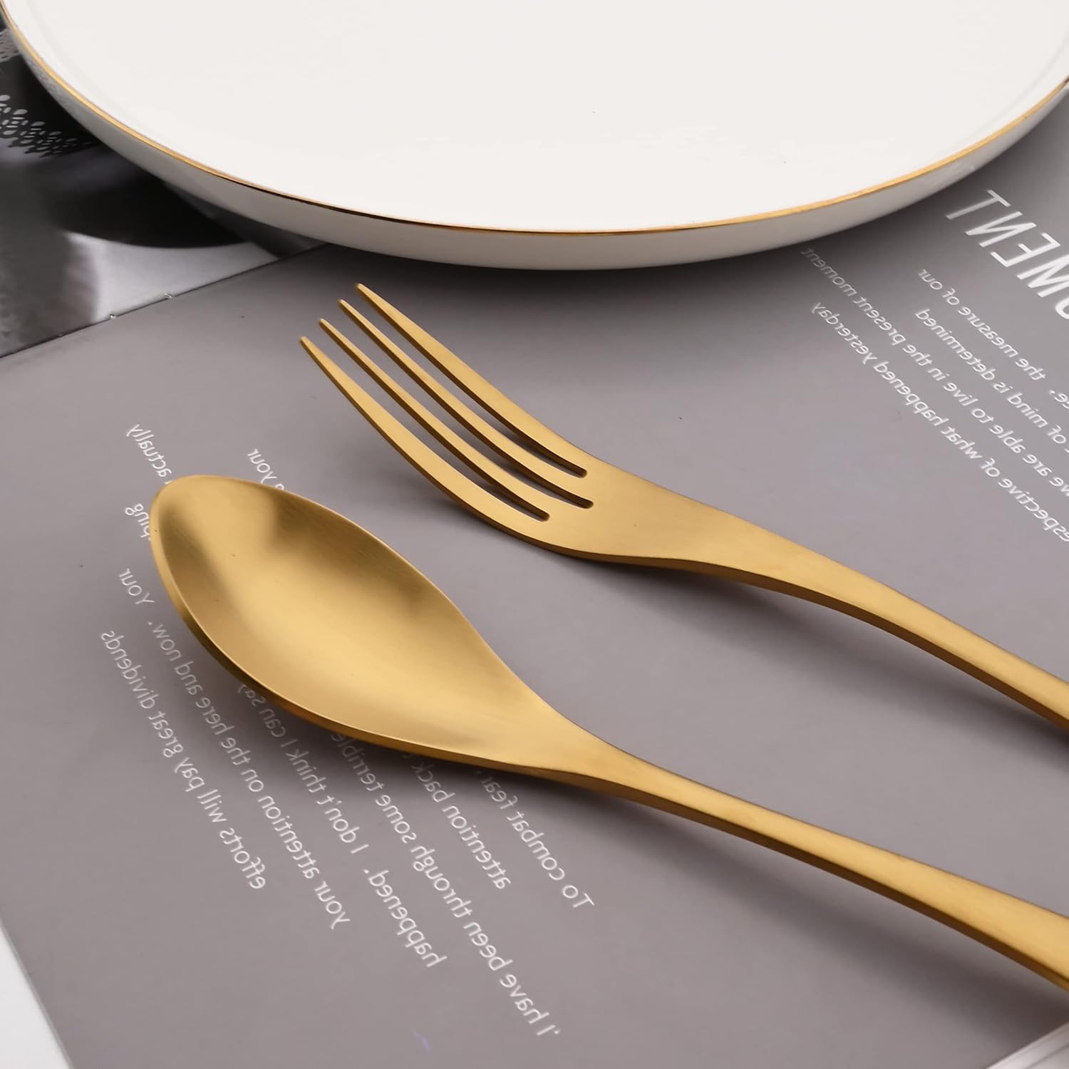 Golden Silverware Set, 6 Pieces 304 Stainless Steel Eating Utensil Set with Gift Box, Include