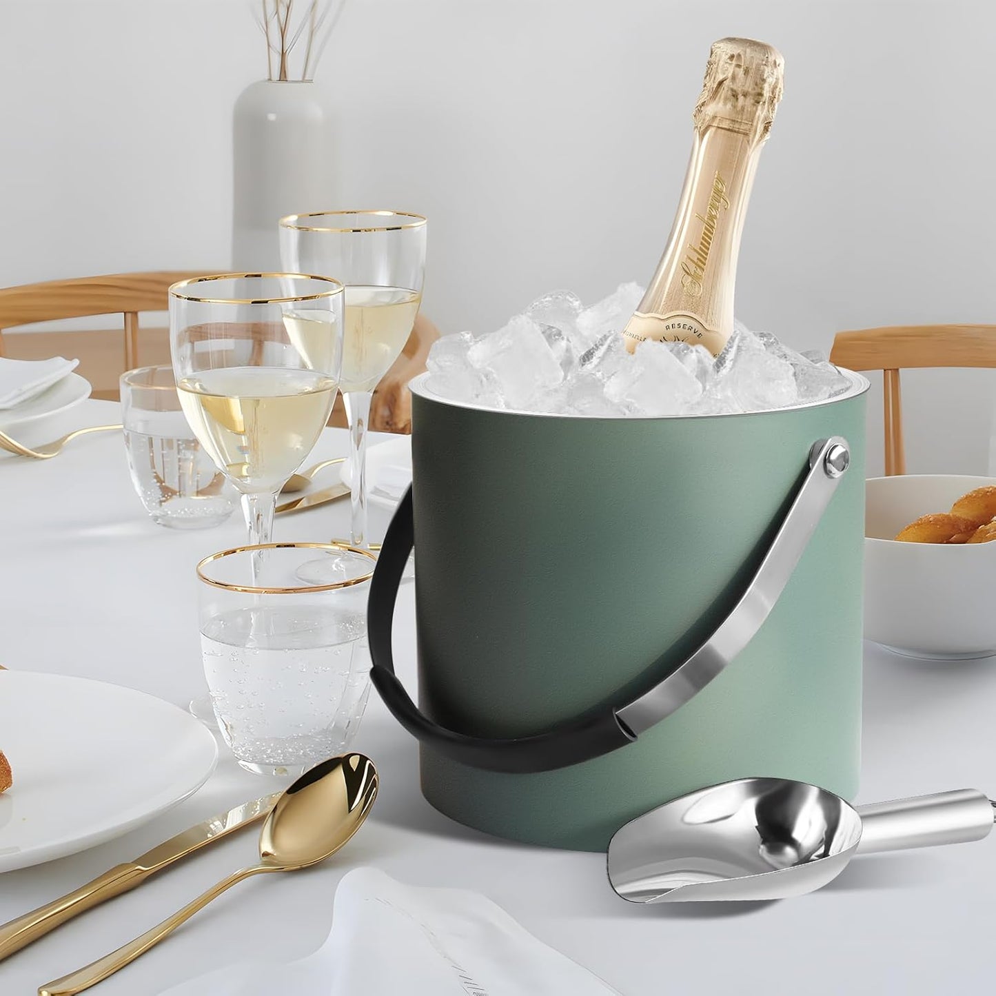 3L Ice Bucket with Silicone Lid, Scoop, Tongs & Strainer, Stainless Steel Double Wall Insulated Ice