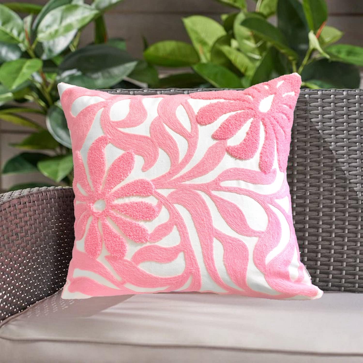 Alysheer Farmhouse Floral Leaves Embroidered Decorative Throw Pillow Cover 18x18 inches, Boho