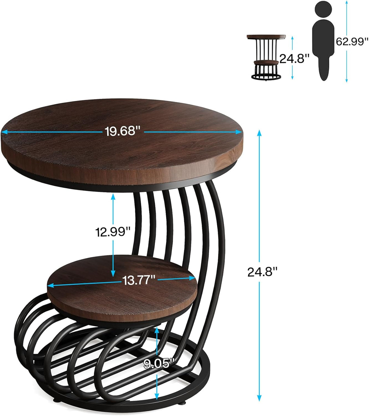 Tribesigns Round End Side Table: Side Table with 2 Tiers Storage Shelves, Vintage End Table for