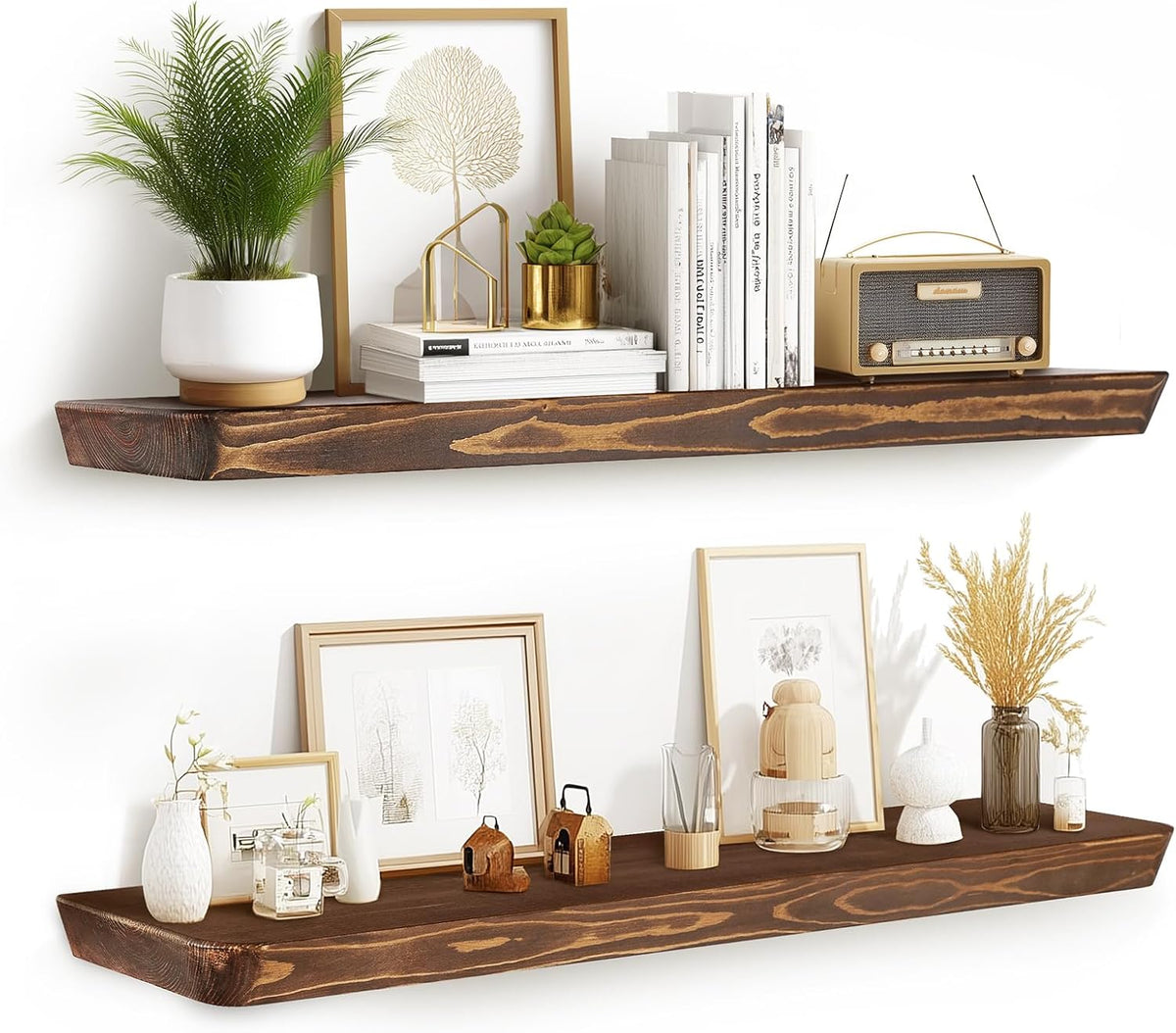 36"x6.8"x1.6" Slanted Floating Wall Shelves 2-Pack - Rustic Brown Finish, Heavy-Duty Solid Wood