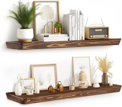 36"x6.8"x1.6" Slanted Floating Wall Shelves 2-Pack - Rustic Brown Finish, Heavy-Duty Solid Wood