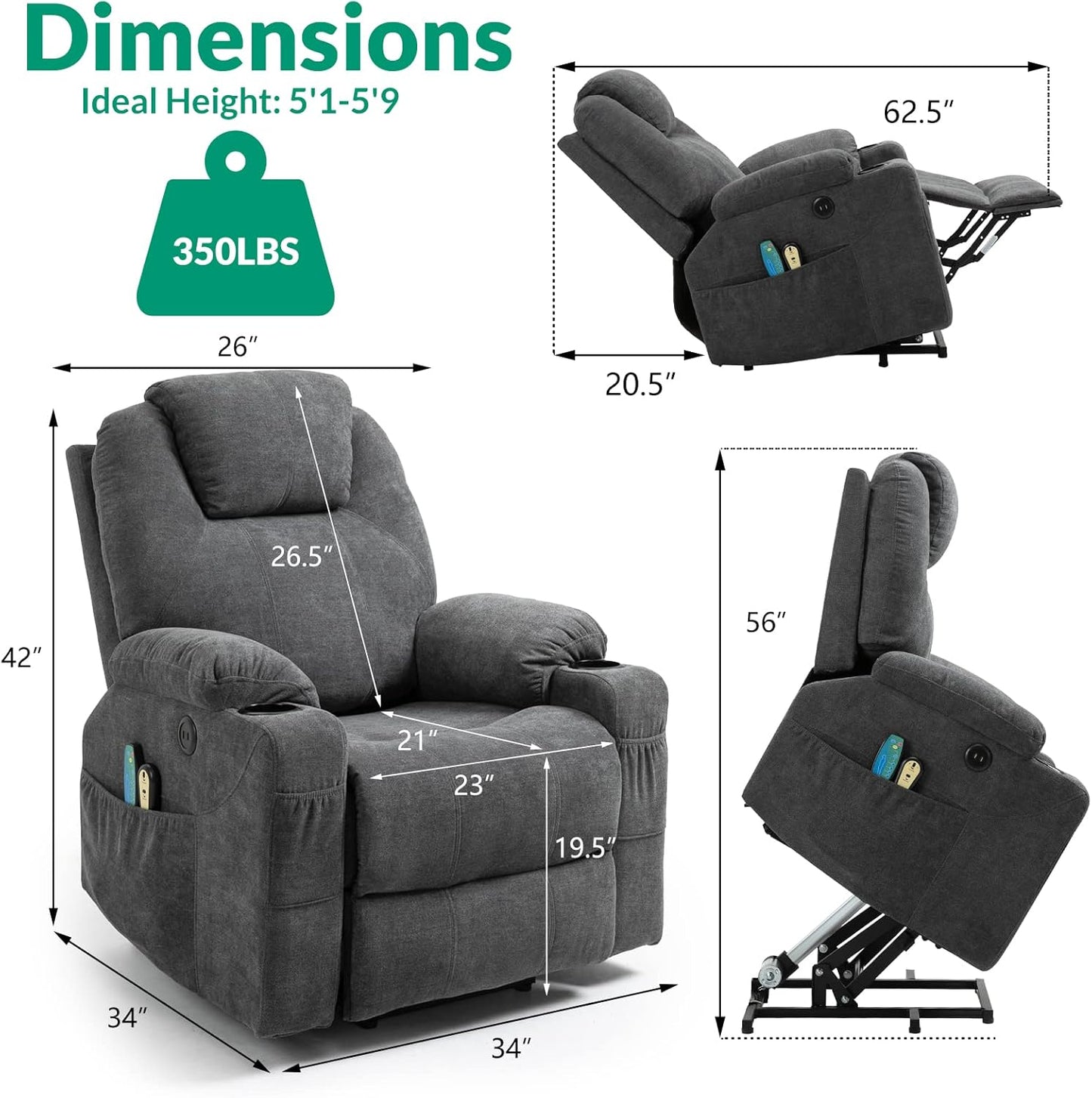 VIVIJASON Power Lift Chair Electric Recliner for Elderly Heated Vibration Massage Fabric Recliner