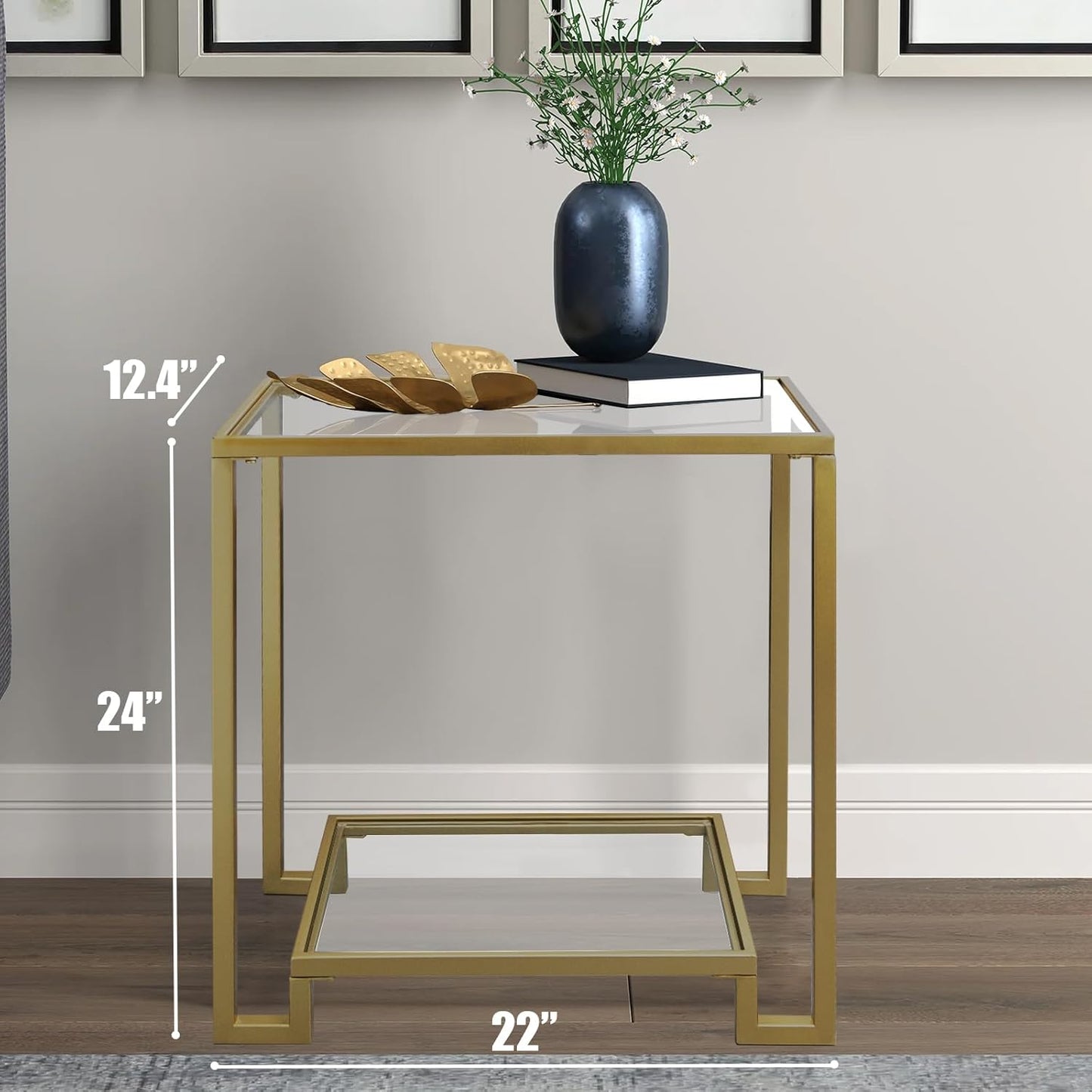 2 Tier Rectangular Side Table, Gold End Table with Glass Top, Modern Metal Clear Coffee Table，Small