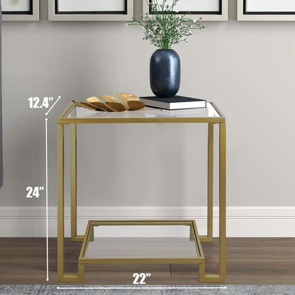 2 Tier Rectangular Side Table, Gold End Table with Glass Top, Modern Metal Clear Coffee Table，Small
