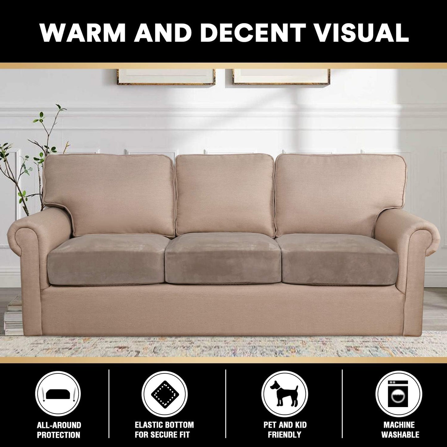 PrinceDeco Velvet Stretch Couch Cushion Cover Soft Cushion Slipcover for Chair Loveseat Sofa