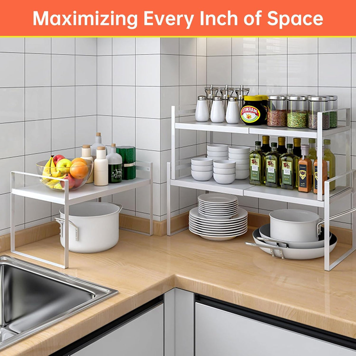 Adjustable Kitchen Shelf Organizer 9", (2 Pack) Heavy-Duty Cabinet Shelves for Countertop, Pantry &