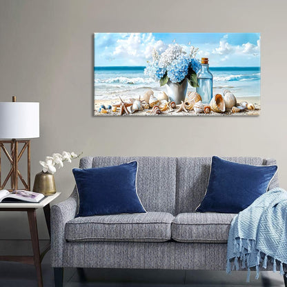 LASMOND Romantic Beach Wall Art for Living Room Blue Shells Conch Vase Canvas Prints Modern Large