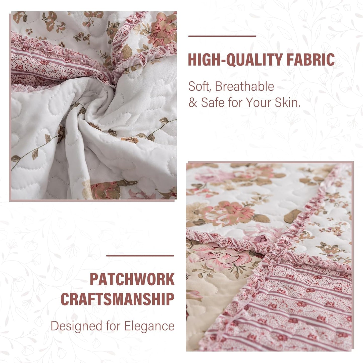 NEWLAKE Quilt Set King Size, Bedspread Sets Pink Botanical Floral, Reversible Quilt Bedding Set