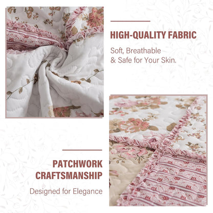 NEWLAKE Quilt Set Queen Size, Bedspread Sets Pink Botanical Floral, Reversible Quilt Bedding Set