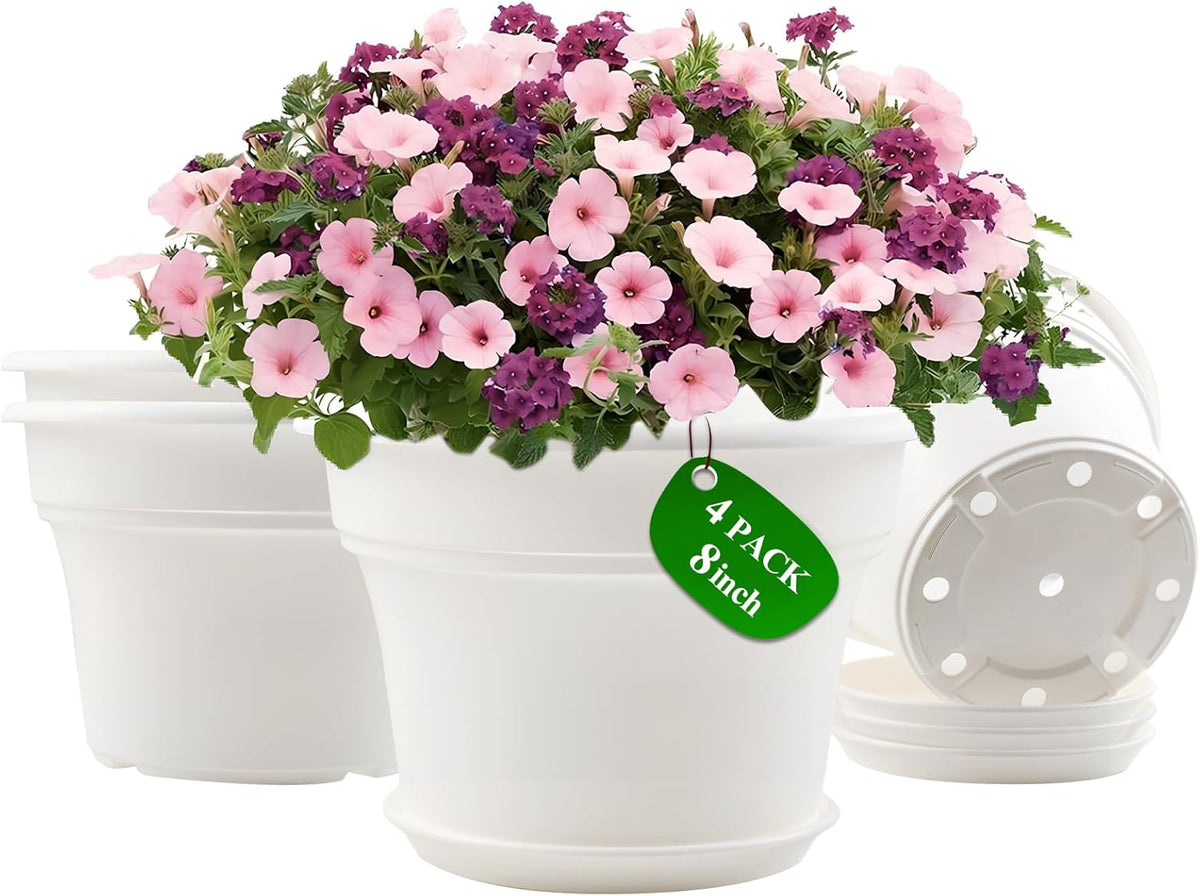 8 Inch Plastic-Flower Pot-for-Indoor Plants, 4 Pack Large Outdoor Planter Pot with Drainage Holes &
