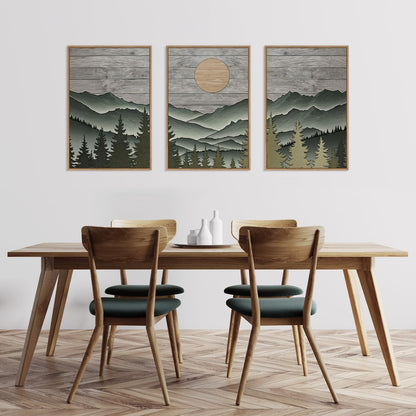 HLNIUC Mountain Framed Canvas Wall Art,Large Green Forest Woodcut Wall Decor Set of