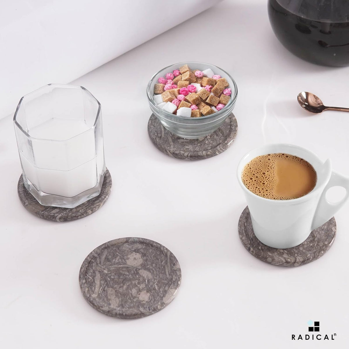 Marble Coasters Set of 6 Oceanic 3.5 Inch Round Coaster for Drinks with Holder, Drink Coaster for