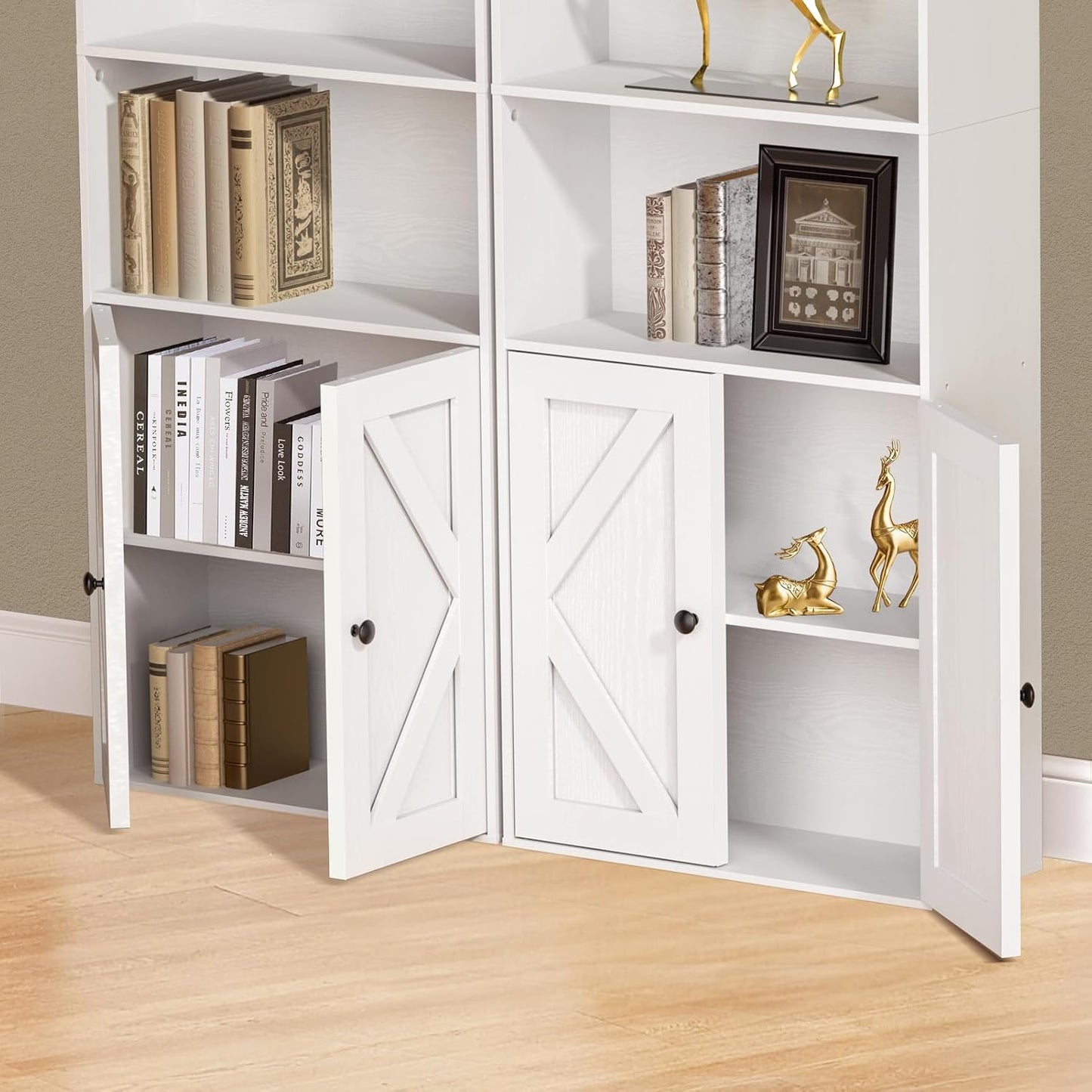 Tall White Bookcase with Doors – Wooden Bookshelf with Storage Cabinet & Shelves for Living Room