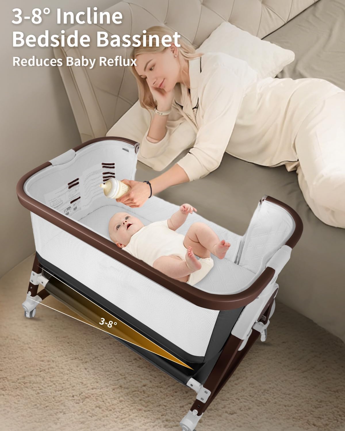 4 in 1 Baby Bassinet, Bassinets Bedside Sleeper with Wheels and Storage Basket, Adjustable 7