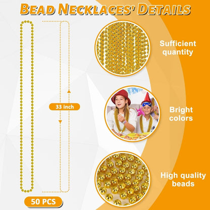 50PCS Mardi Gras Beads, Gold Bead Necklace Stuff, 33" Mardi Gras Christmas Beads Necklace Costume