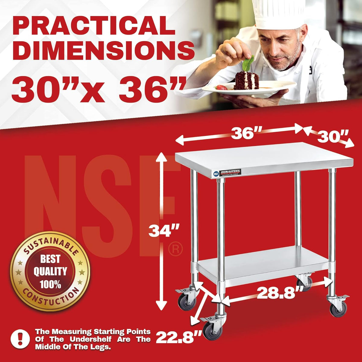 DuraSteel 30x36 NSF Stainless Steel Cart Work Table - Heavy Duty Rolling Food Prep Table Countertop