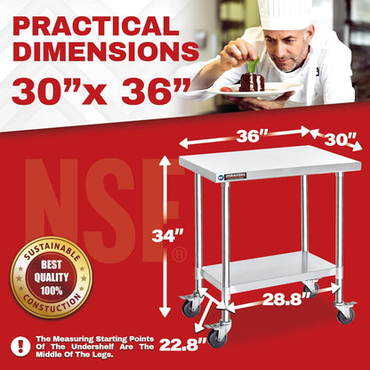 DuraSteel 30x36 NSF Stainless Steel Cart Work Table - Heavy Duty Rolling Food Prep Table Countertop