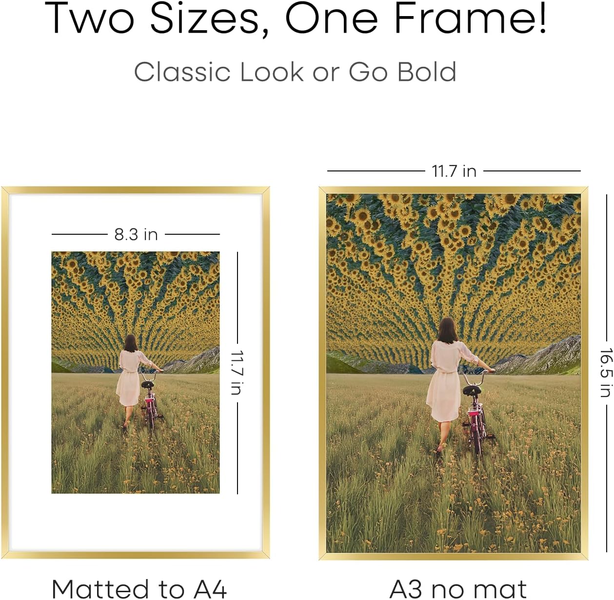 Homeforia A3 Picture Frame Gold, High End Metal 11.7 x 16.5 inch Poster Frames with Mat 8.3 by 11.7