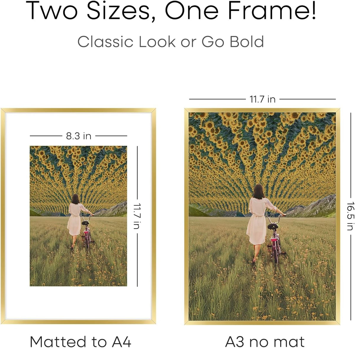Homeforia A3 Picture Frame Gold, High End Metal 11.7 x 16.5 inch Poster Frames with Mat 8.3 by 11.7