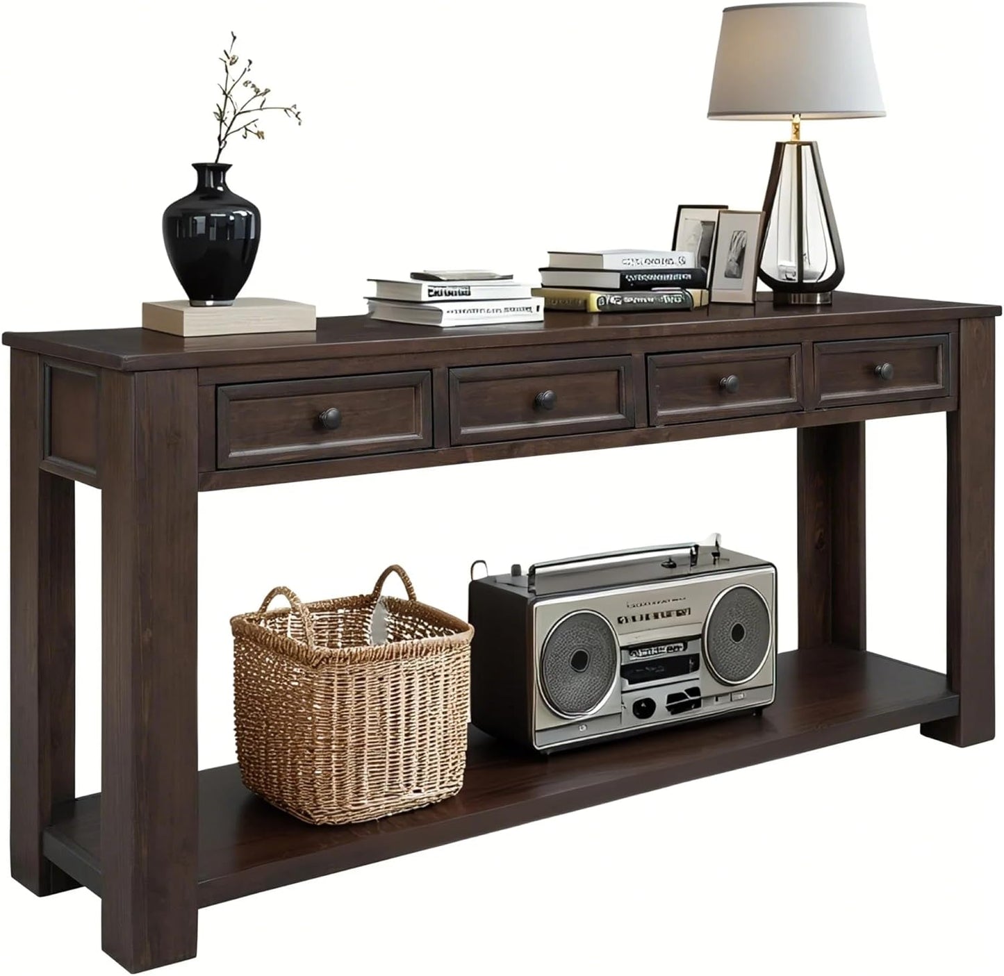 63" Solid Wood Console Table Sofa Table with Storage Drawers and Bottom Shelf,Farmhouse Entryway