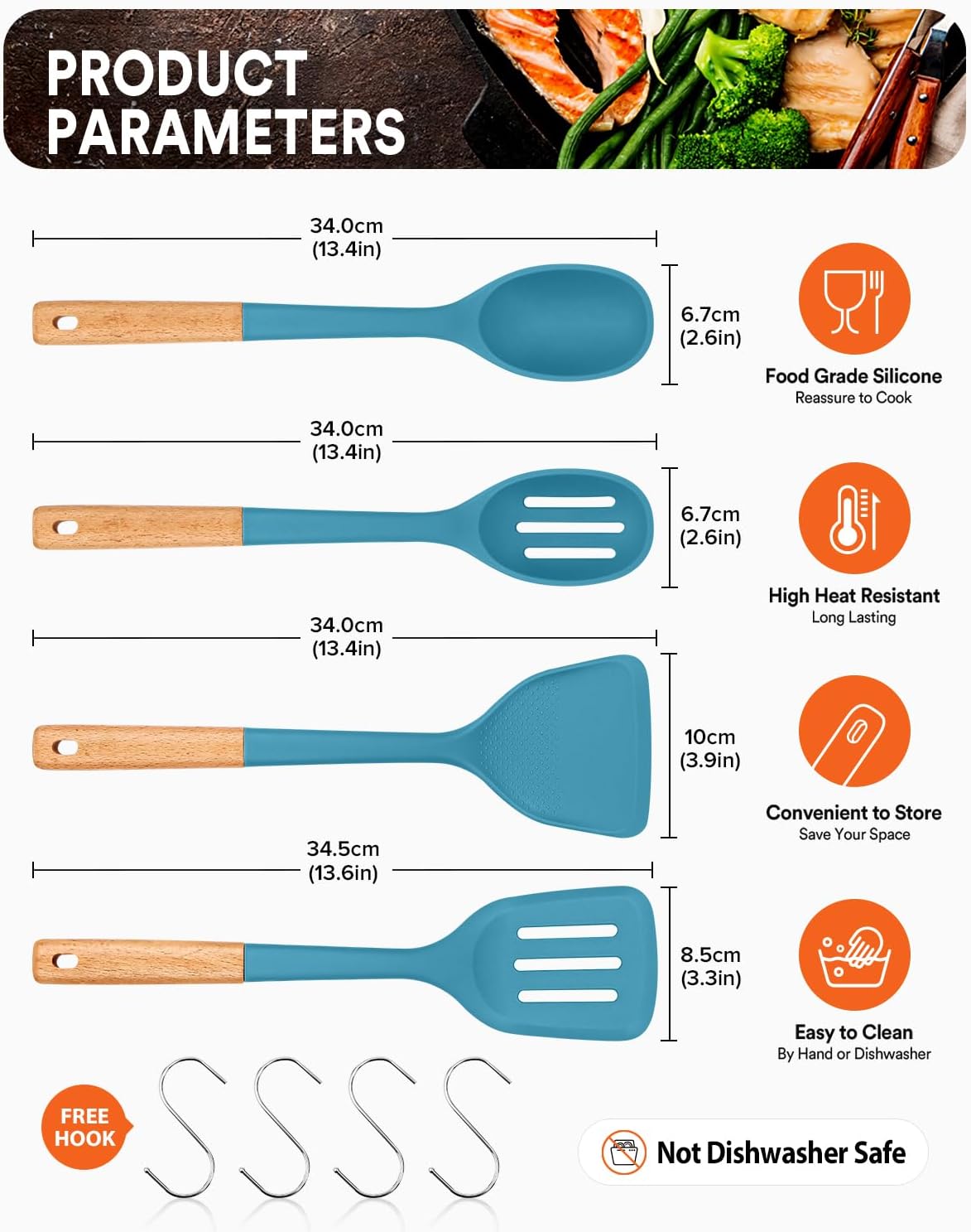 Silicone Cooking Utensils Set, Perfectly Angled for Frying, Mixing,Serving,Draining,Turning and
