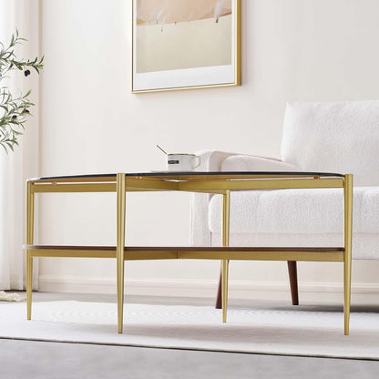 Oval Glass Coffee Table, Mid-Century Modern Design, L43 x W22 x H17 inch, 2-Tier Structure, Olive