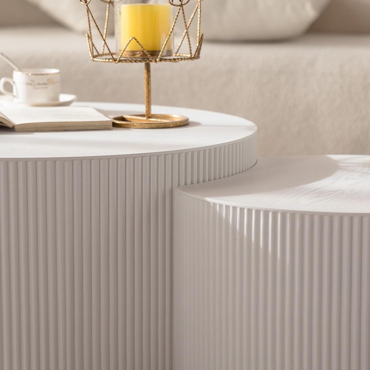 Round Nesting Coffee Table White Round Fluted Coffee Table Set of 2 for Living Room Small Circle