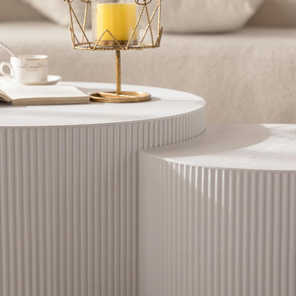 Round Nesting Coffee Table White Round Fluted Coffee Table Set of 2 for Living Room Small Circle