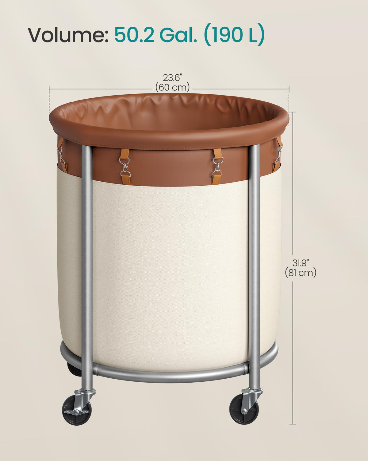 SONGMICS Laundry Basket, Rolling Steel Frame with 2 Locking Wheels, 190 L