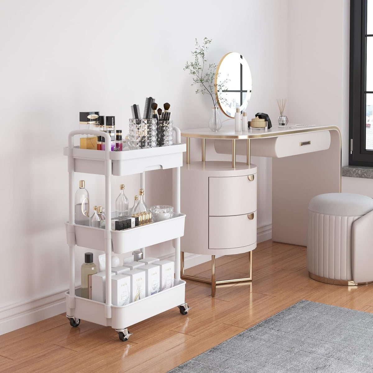 Calmootey 3-Tier Rolling Utility Cart with Drawer,Multifunctional Storage Organizer with Plastic