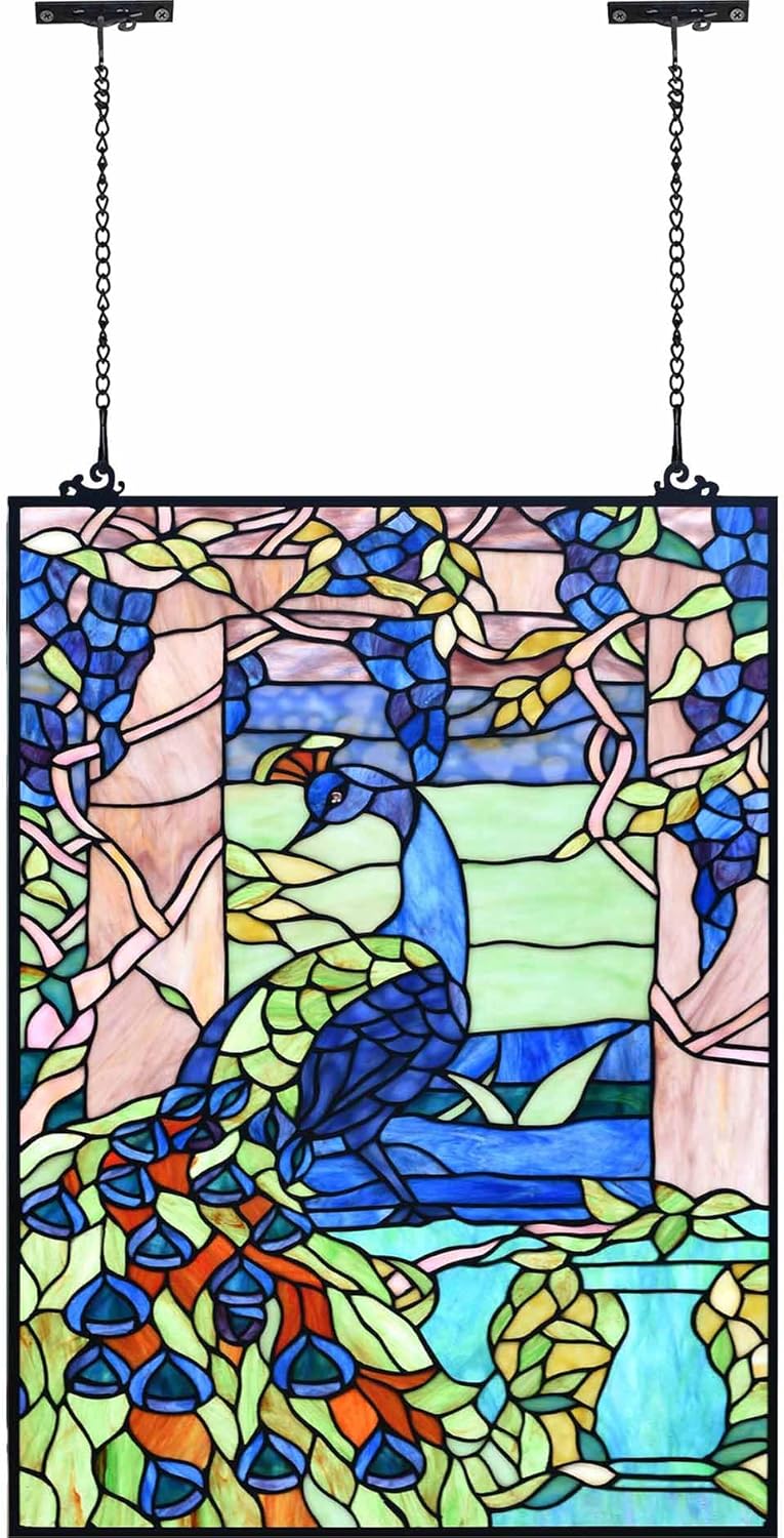 Bieye W10095 Peacock in Garden Tiffany Style Stained Glass Window Panel for Home Decor (Blue