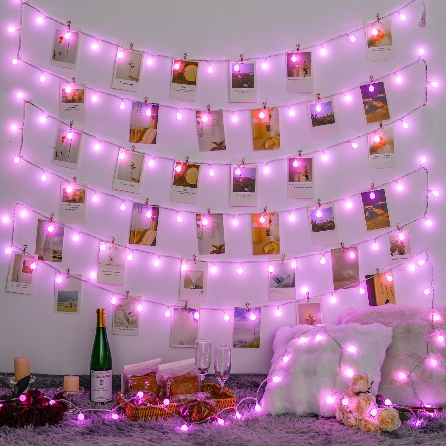 JMEXSUSS 100 LED Pink String Lights Indoor, Connectable Globe String Lights Plug in, 8 Modes 33ft