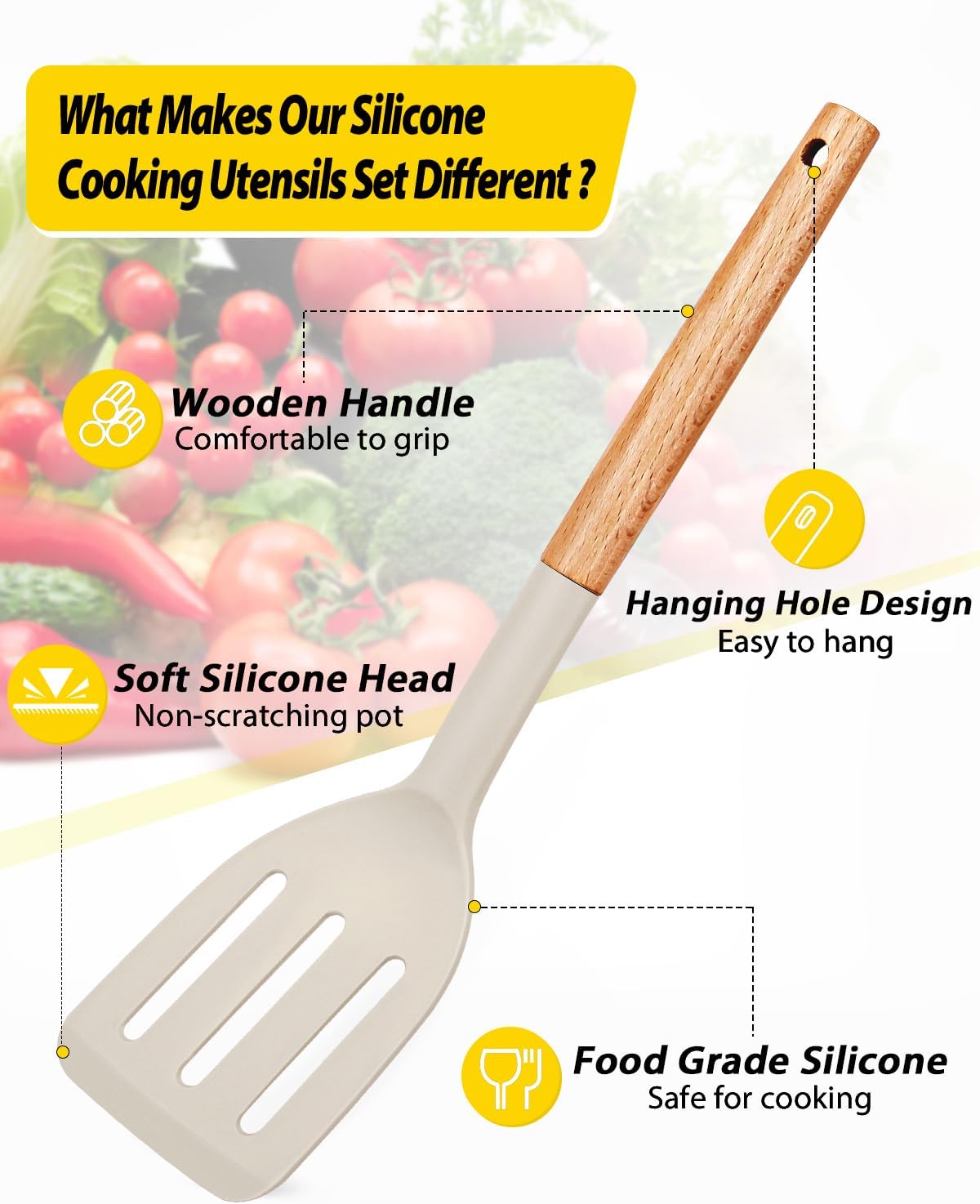 Pack of 4 Silicone Cooking Utensils Set, Non Stick Solid Spatulas and Heat Resistant Slotted Spoons