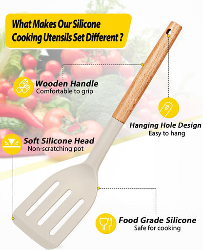 Pack of 4 Silicone Cooking Utensils Set, Non Stick Solid Spatulas and Heat Resistant Slotted Spoons