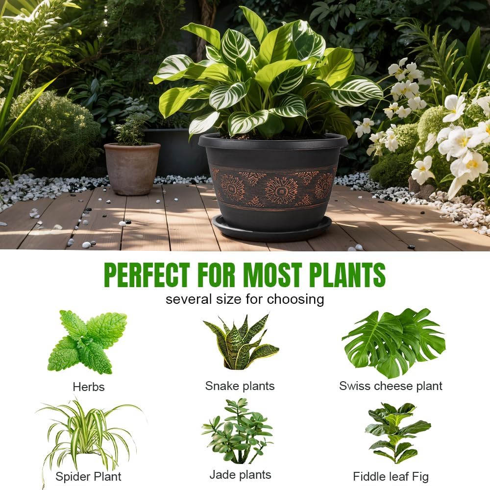 4 Pack 16 inch Plant Pots, Retro Pattern Planters with Drainage Holes and Saucer, Sturdy Plastic