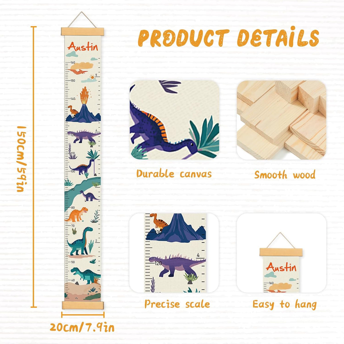 Personalized Name Growth Chart Wall Decor for Kids – Canvas Removable Height Chart Measuring Ruler