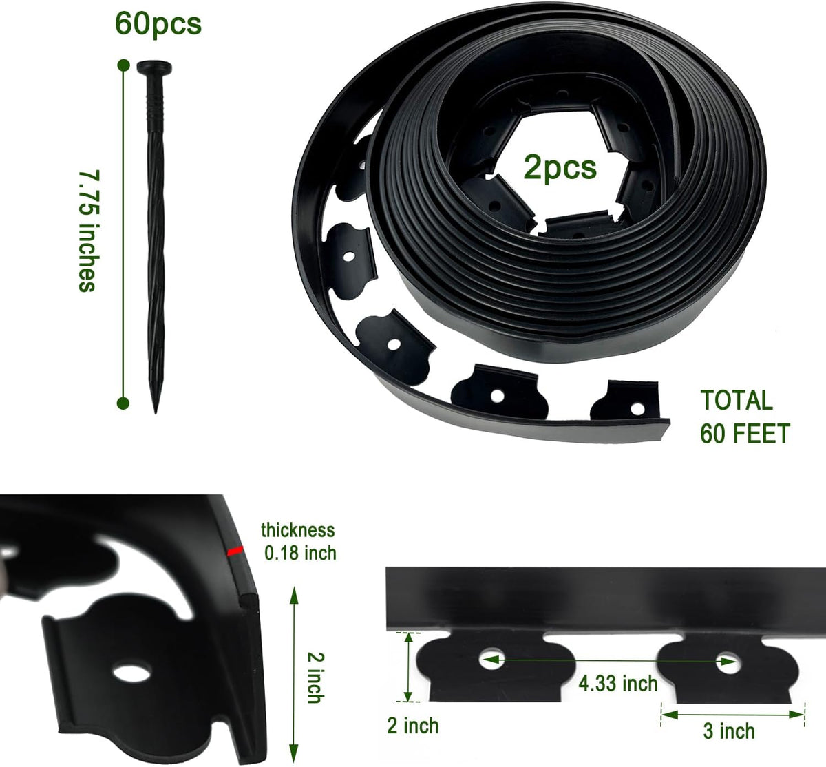 Hugeleaf Landscape Edging 2 Inch Tall 60 Feet Garden Edging Border with 60pcs Stakes, Plastic