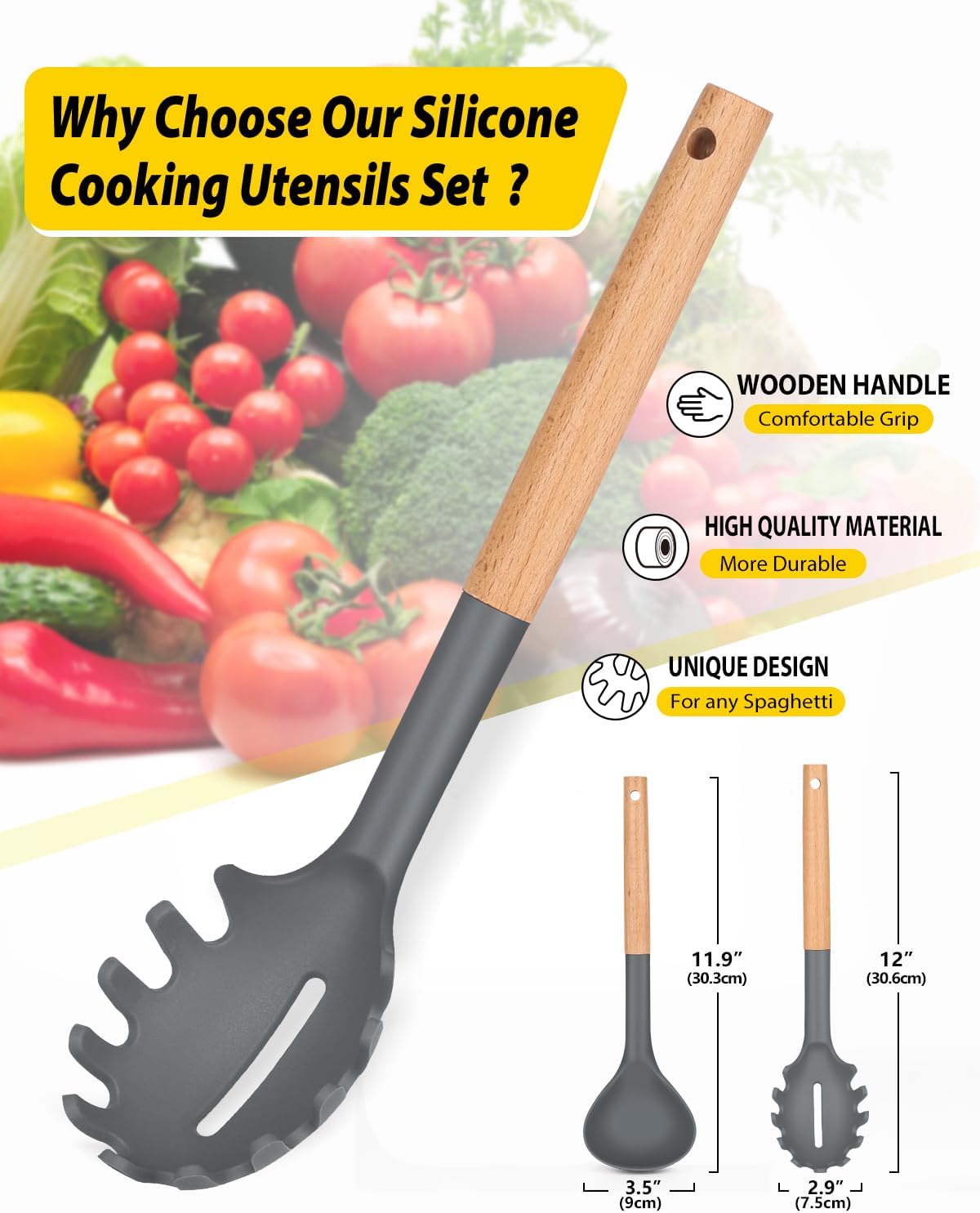 Silicone Pasta Fork and Ladle Spoon Set with Wooden Handle, Heat Resistant Non Stick Kitchen